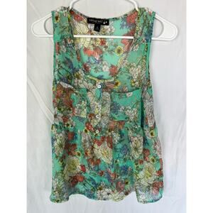 Women's vibrant floral sheer tank, pocket, empire waist, size small, Living Doll